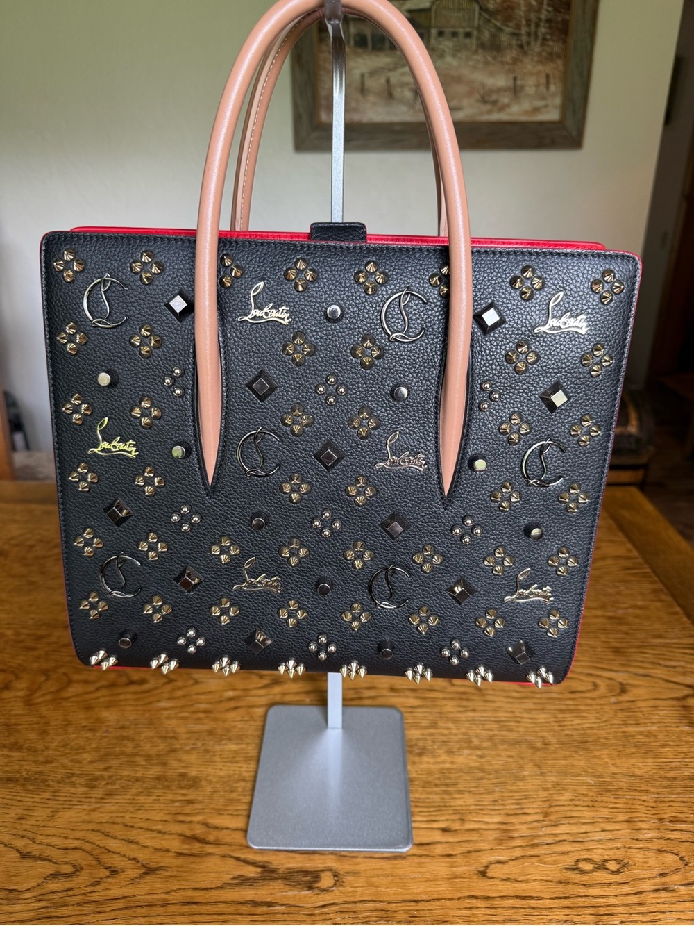 Christian Louboutin Paloma Black Studded Tote with Tan Handles and Red Trim